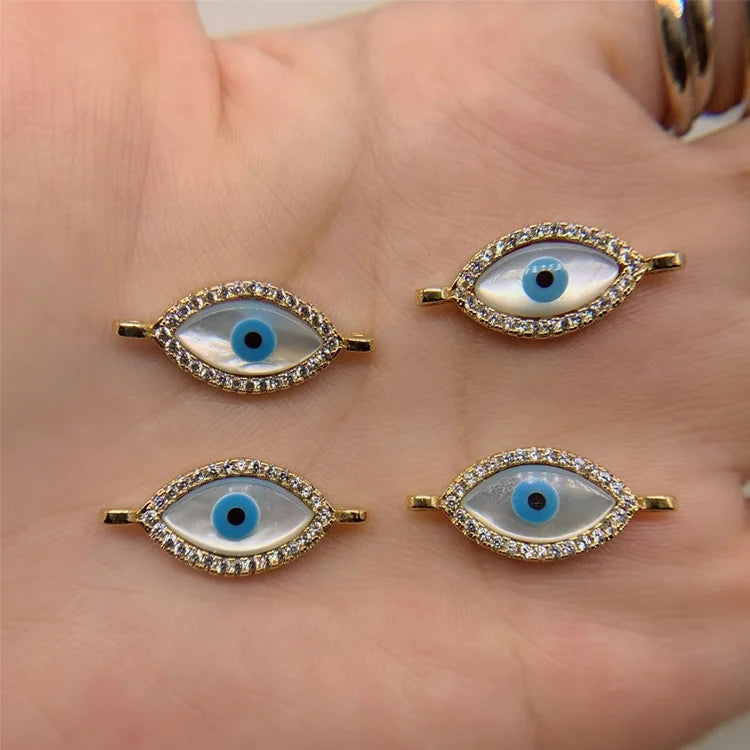 18K Gold Plated Brass Zircon Micro Pave Mother of Pearl Greek Devil Eye Charm Beads Connector for Bracelet