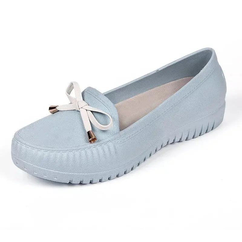 Women's New Bow Cute Casual Shoes Shallow Mouth Waterproof Ladies Rain Shoes a Foot Stirrup Convenient Ladies Flat Bottom Shoes