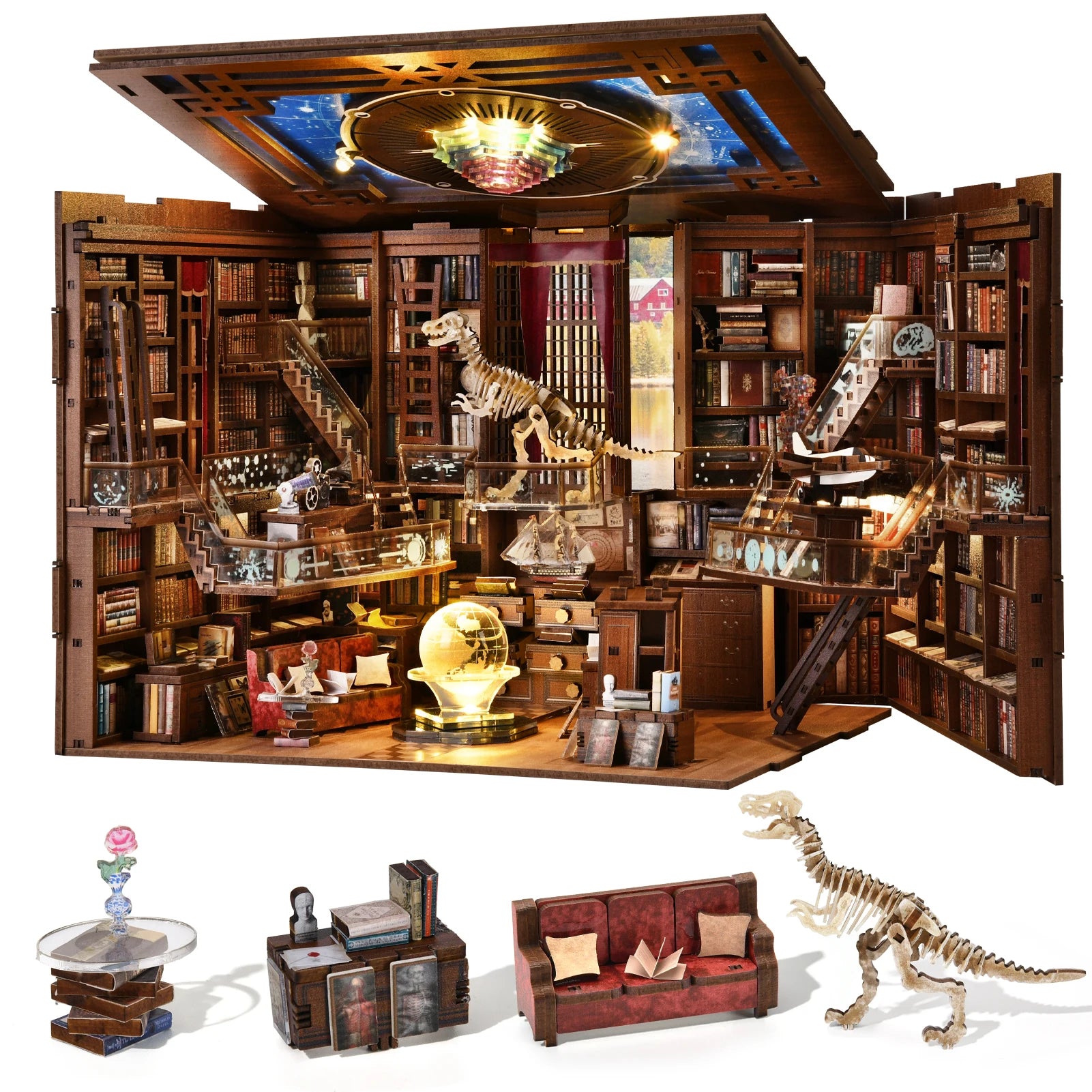 Minicity DIY Educational Book Nook Kit 3D Wooden Puzzle Bookend Bookshelf with LED Light Miniature Dollhouse Decor