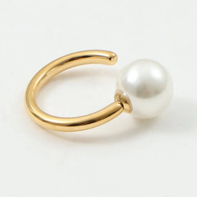 Hot Sale Women Dainty Minimalist Jewelry 18k Gold Plated Stainless Steel Large Fresh Water Pearl Open Ring