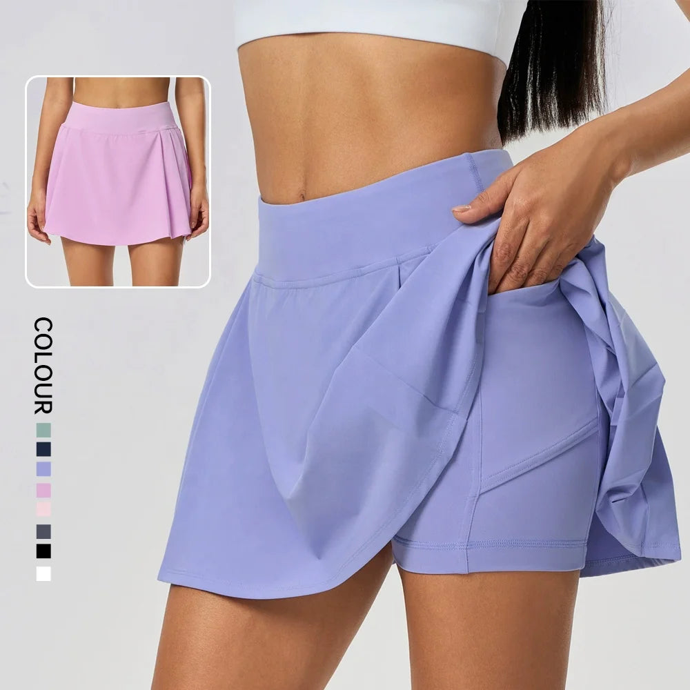 SHINBENE Women's Yoga High Waist Lightweight Spandex Tennis Skirts Pleated Golf Skorts with Shorts Pockets for Workout