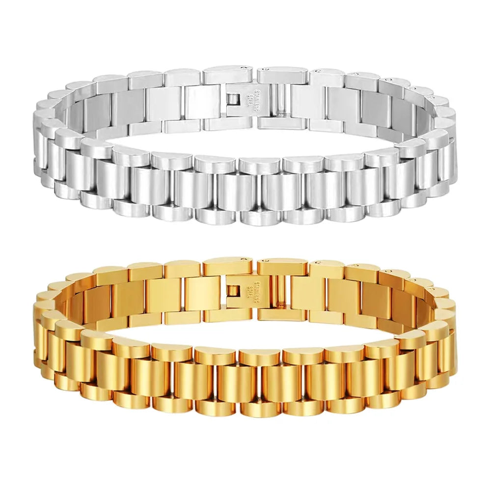18K Gold Pave Stainless Steel Couple's Statement Wristband Bracelet Fashionable Chunky Thick Link Watch Strap Trendy Geometric