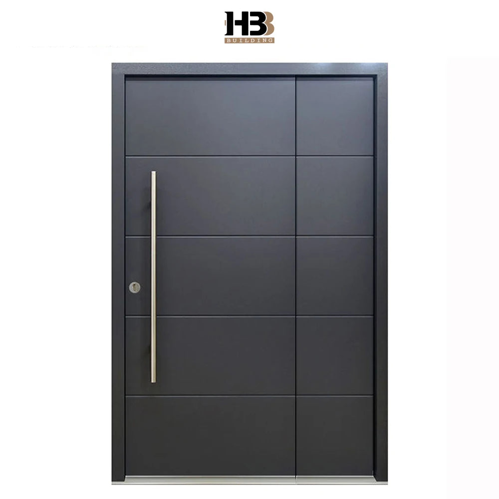 American House Modern Design Matt Black Thermal Steel Door Finished Solid Wood Exterior Security Entry Swing Style