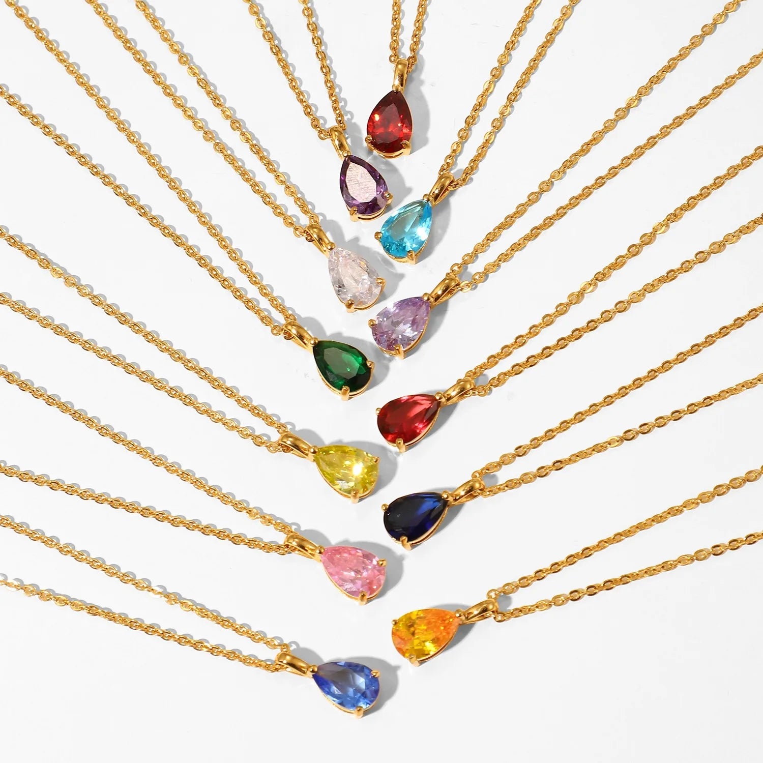 New Trendy 18K PVD Plated Chain Water Drop Stainless Steel Cubic Zircon Pendant Birthstone Necklace