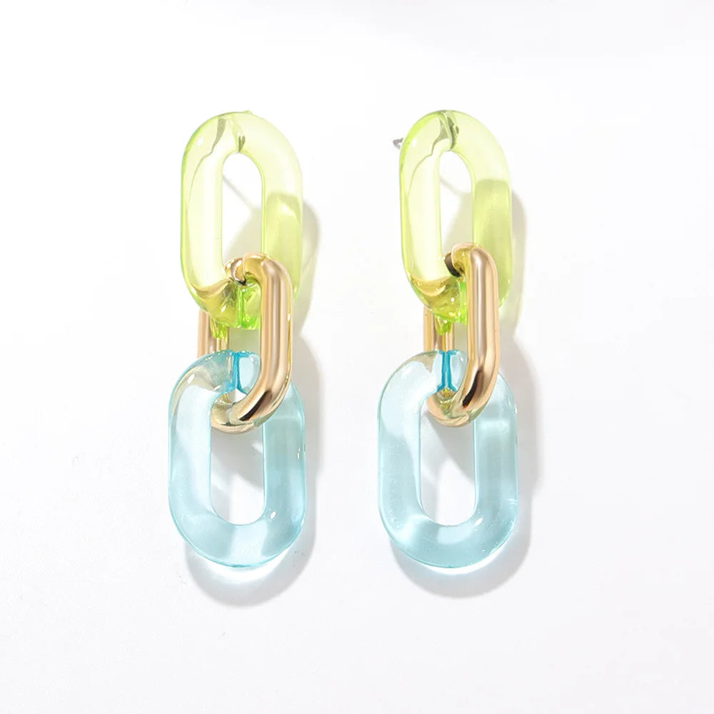 New Rainbow Clear Pastel Resin Drop Earrings Extra Long Link Chain Dangle Ear Jewelry Coloful Geometric Paperclip Chain Earrings