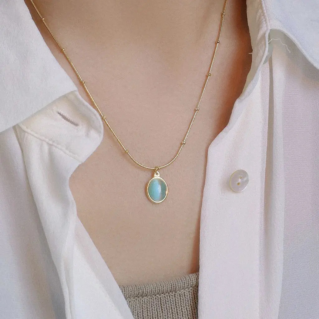 316L Stainless Steel Collarbone Chain Choker Oval Stone Pendant Necklace for Women