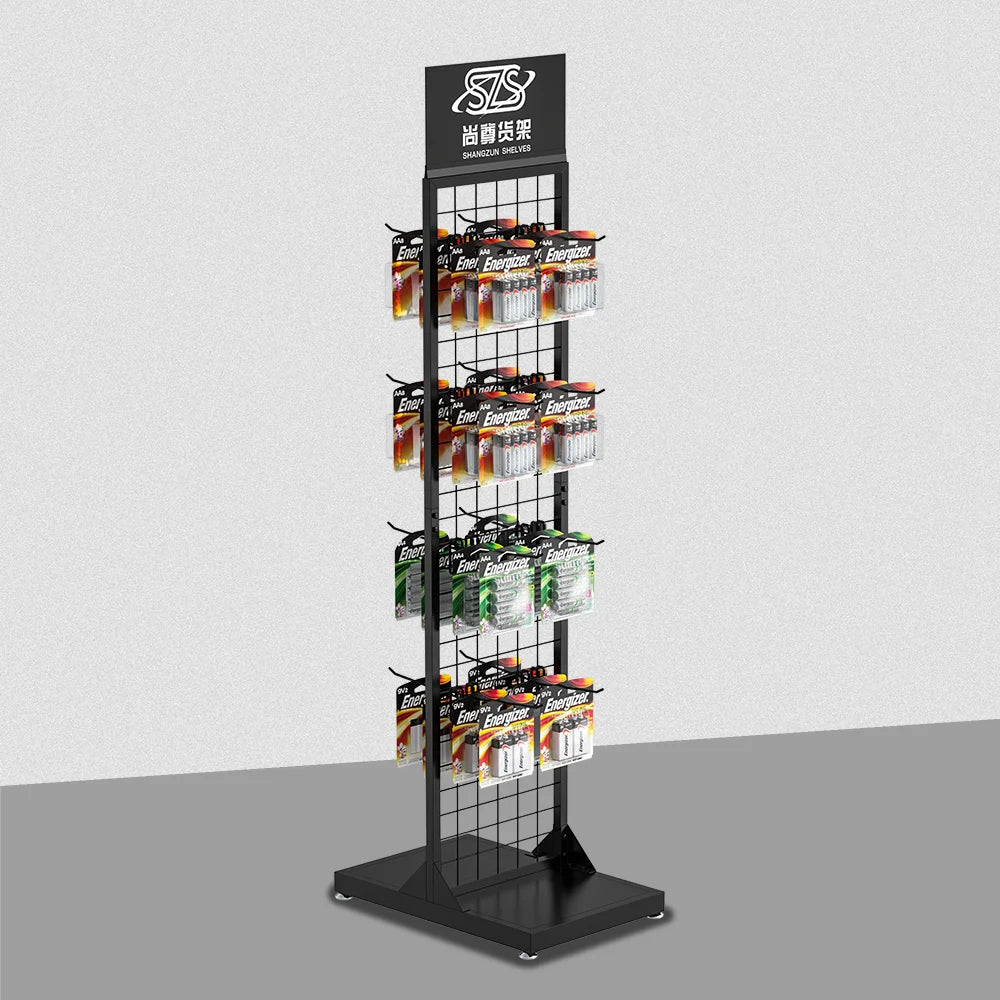 Metal Wire Grid Panel Retail Display Rack for Sale Grid Display Rack with Hooks Double Sided Battery Display Rack Customization