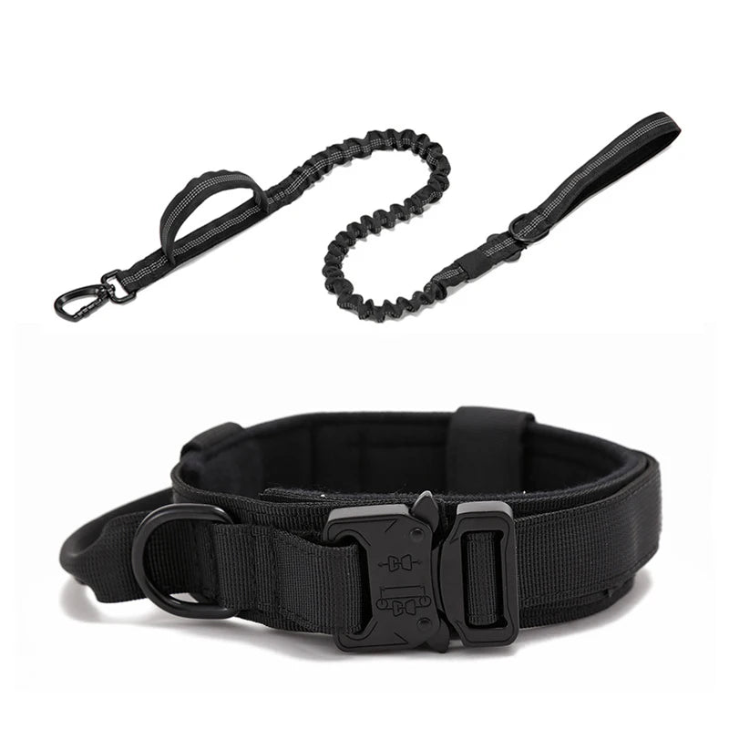 Durable Tactical Dog Collar Leash Set Adjustable Heavy Duty Tactical Nylon RIBBONS Solid Dog Running Walking Training Hiking KDE