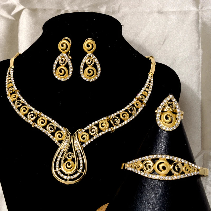 Fashion Luxury European Brazilian Gold Bracelet Earring Cubic Zirconia Big Necklace Arab African Gold Bridal Jewelry Sets