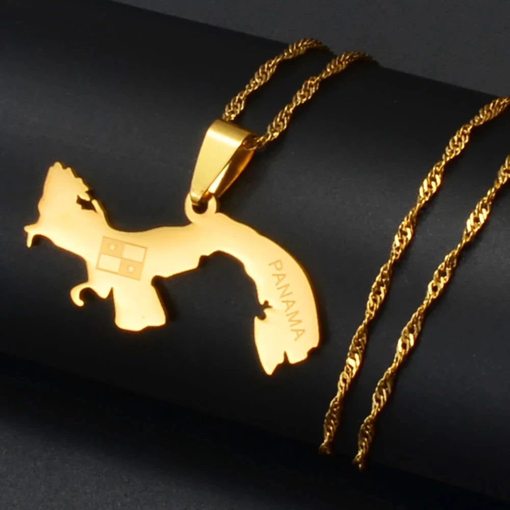 Manufacturer Stainless Steel Panama Map Flag Choker Charm Necklace 18K Gold Plated Panama Flag Map Pendant Chain Necklace