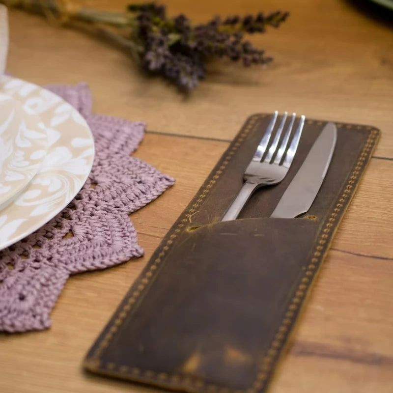 Cowhide Leather Cutlery Pouch Case Luxury Spoons Forks Knives Bag Travel Outdoor Camping Picnic Leather Cutlery Organizer
