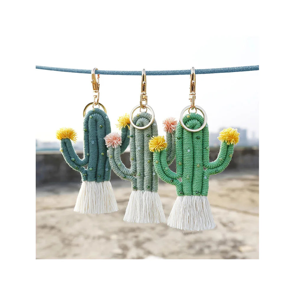 Green Plant Cactus Macrame Keychain Bohemian Rice Beads Hand-Woven Hand-Made Bag Pendant Cactus Keychain
