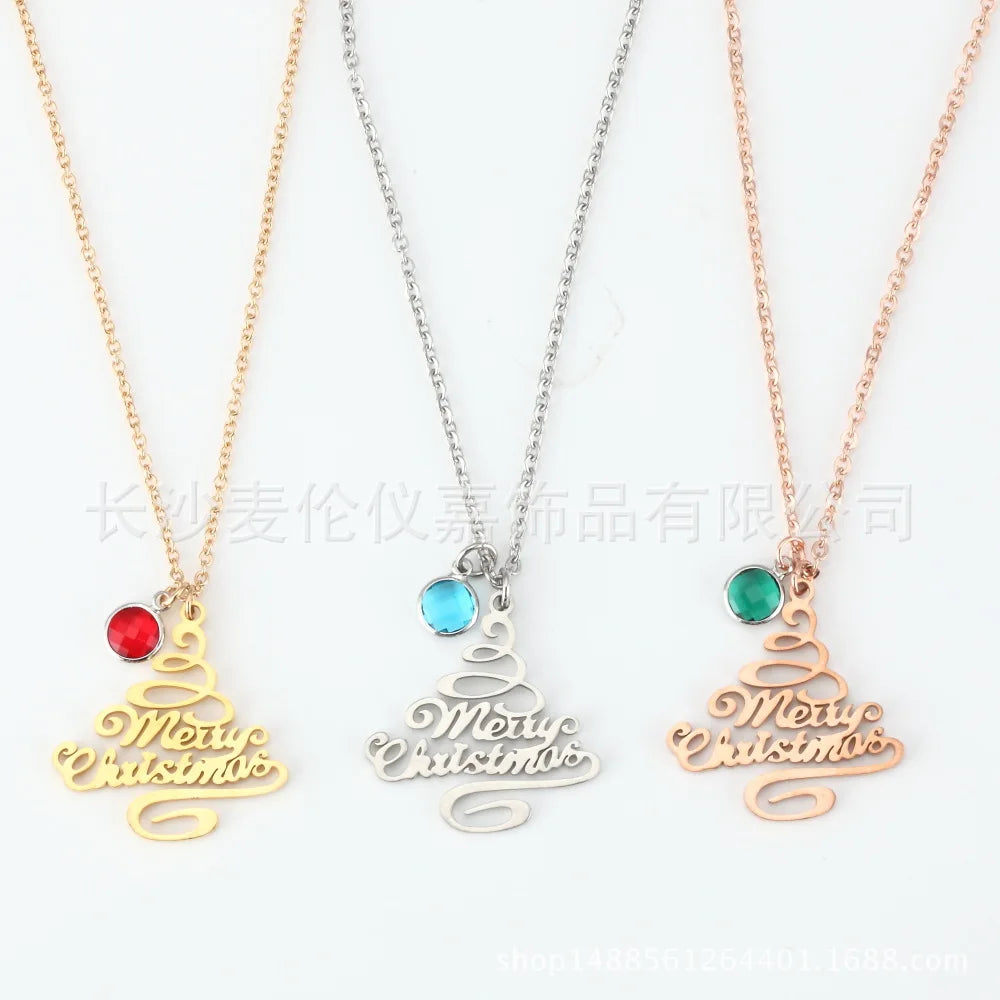 Fashion DIY Stainless Steel Christmas Birthstone Diamond Necklace Merry Christmas Tree Pendant Jewelry for Christmas Gift
