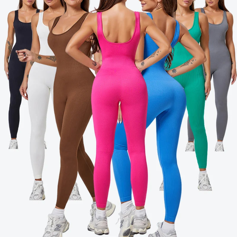 Women Ribbed Scrunch Butt Leggings Yoga Jumpsuits Gym Fitness BodySuits Workout Clothes Sportswear One Piece Tracksuit Shapewear