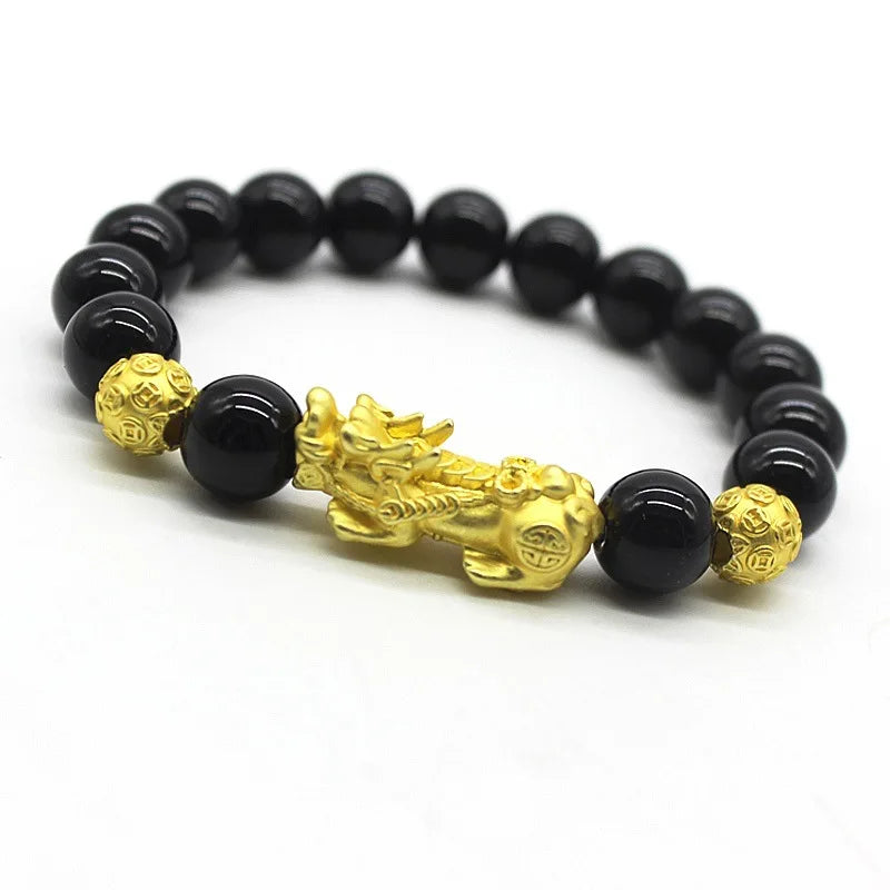 LUIOXIN Chinese Original Gold Feng Shui Pi Xiu Black Obsidian Jade Stones Bracelets