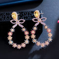 Exquisite Gold Plated Multicolor Cubic Zircon Flower Drop Earrings for Women Long Dangle Fashion Earrings Wedding Prom Jewelry
