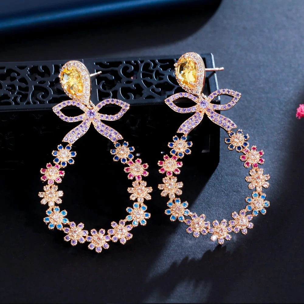 Exquisite Gold Plated Multicolor Cubic Zircon Flower Drop Earrings for Women Long Dangle Fashion Earrings Wedding Prom Jewelry