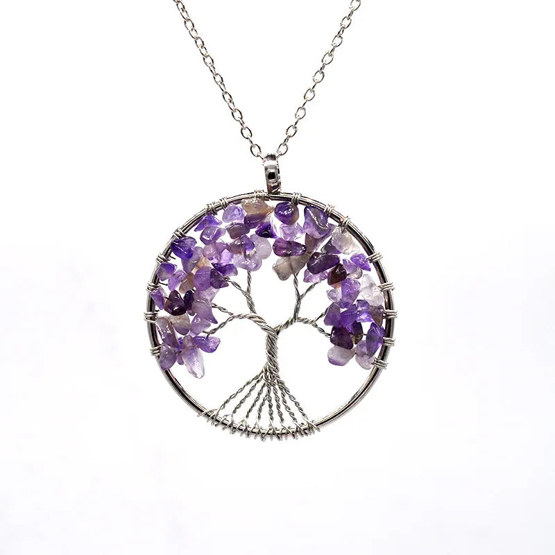 Rose Quartz Turquoise Crystals Jewelry Necklaces Rainbow 7 Chakra Stone CLASSIC Natural Wire Wrapped Life of Tree Pendant