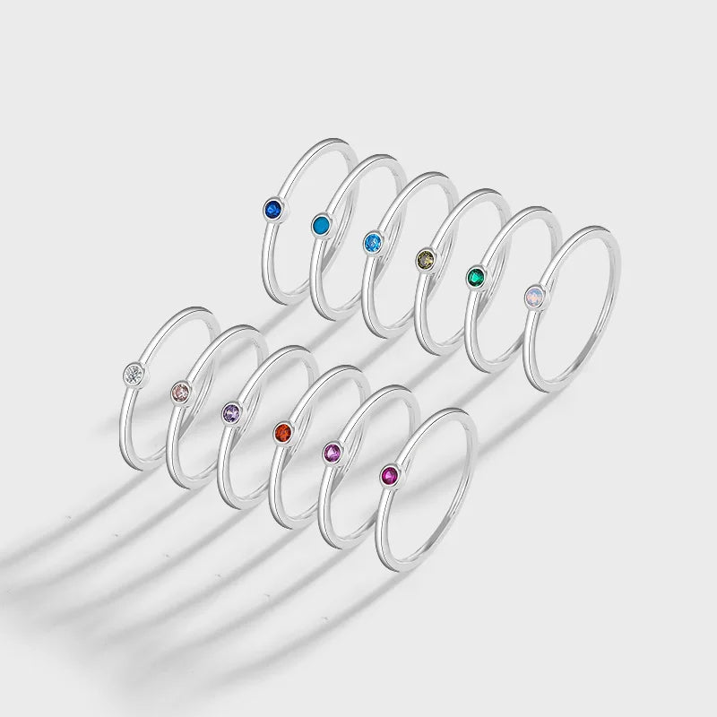 Simple Birthstone Coloful Cubic Zircon Dainty 925 Sterling Silver Ring