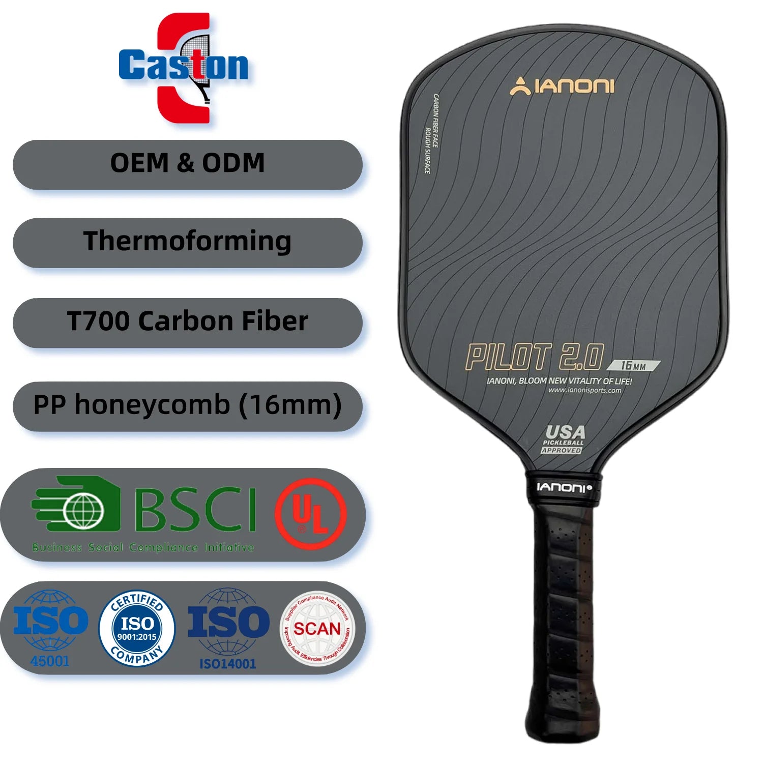 CASTON Sports PRO Approved T700 Pickleball Paddle 16mm Carbon Fiber Thermoformed TOP Honeycomb for Portable Training