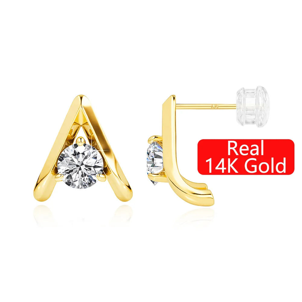 Fine Jewellery Manufacturer Girls Kids Earrings 0.3ct Moissanite Diamond Curved Triangle Stud Earrings 14K Gold Hollow