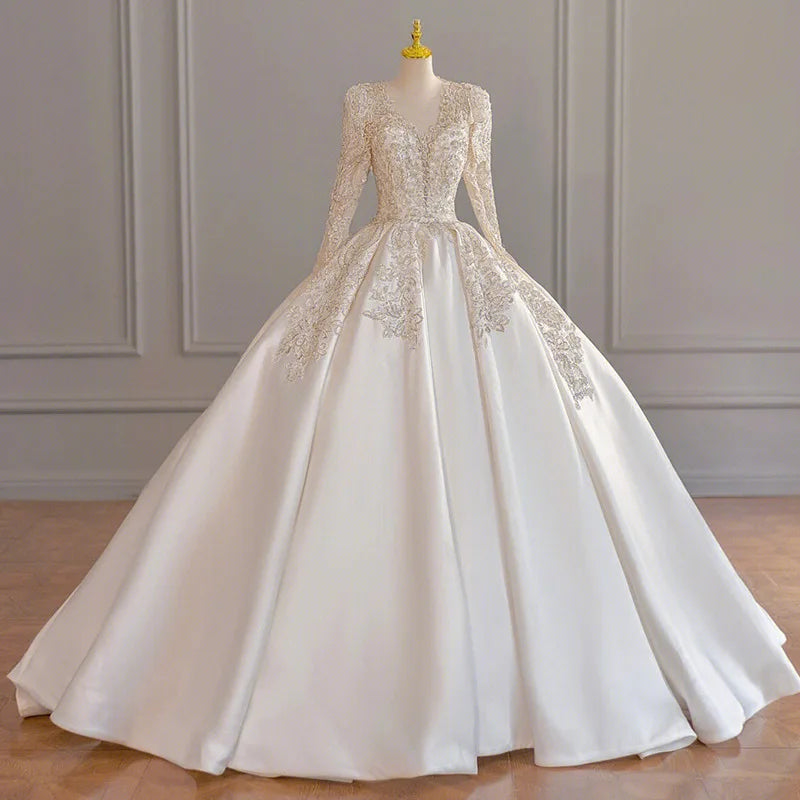 2026 New Satin Advanced Texture French Wedding Floor-Length Heavy Beaded Sleeves V-neck Appliques for Summer Bridal Court Main MegaBDM