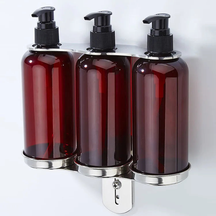 Mountable 3-Chamber Stainless Steel Hand Soap Dispenser Shampoo Rack Soap Bottle Holder for Hotel Bathroom Amenities