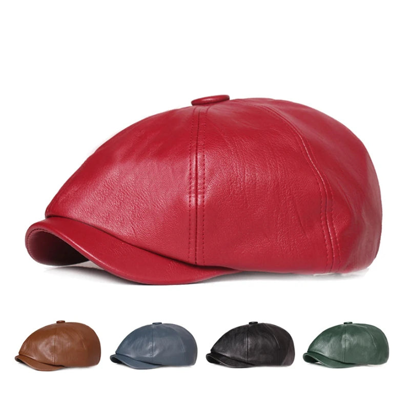 PU Leather Octagonal Beret Cap Men's Vintage Artist Hats Literary Caps Y2K Hat Gorras