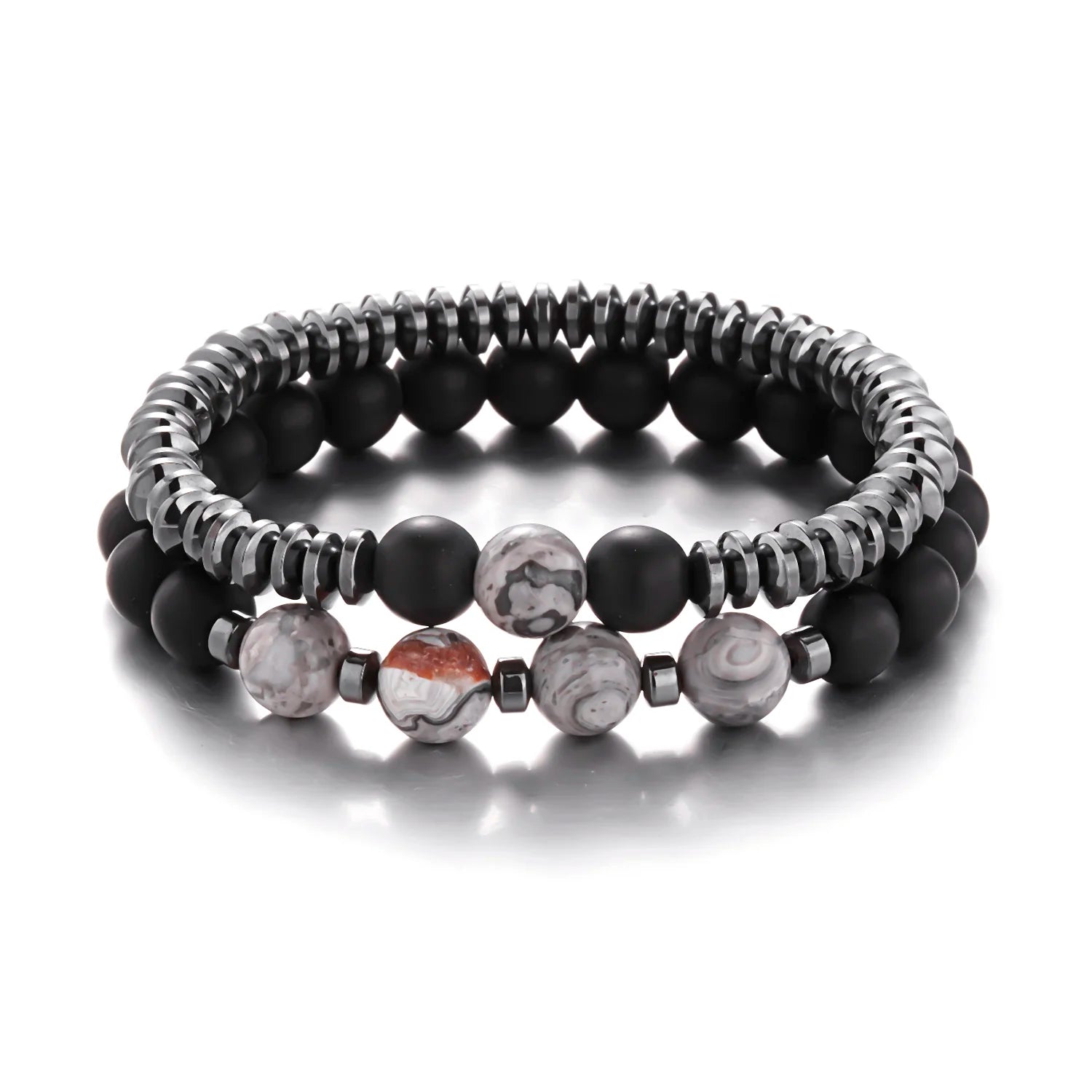 8MM 2PC /set Hematite Men Bracelet Frosted Stone Combination Beaded Men's Bracelet