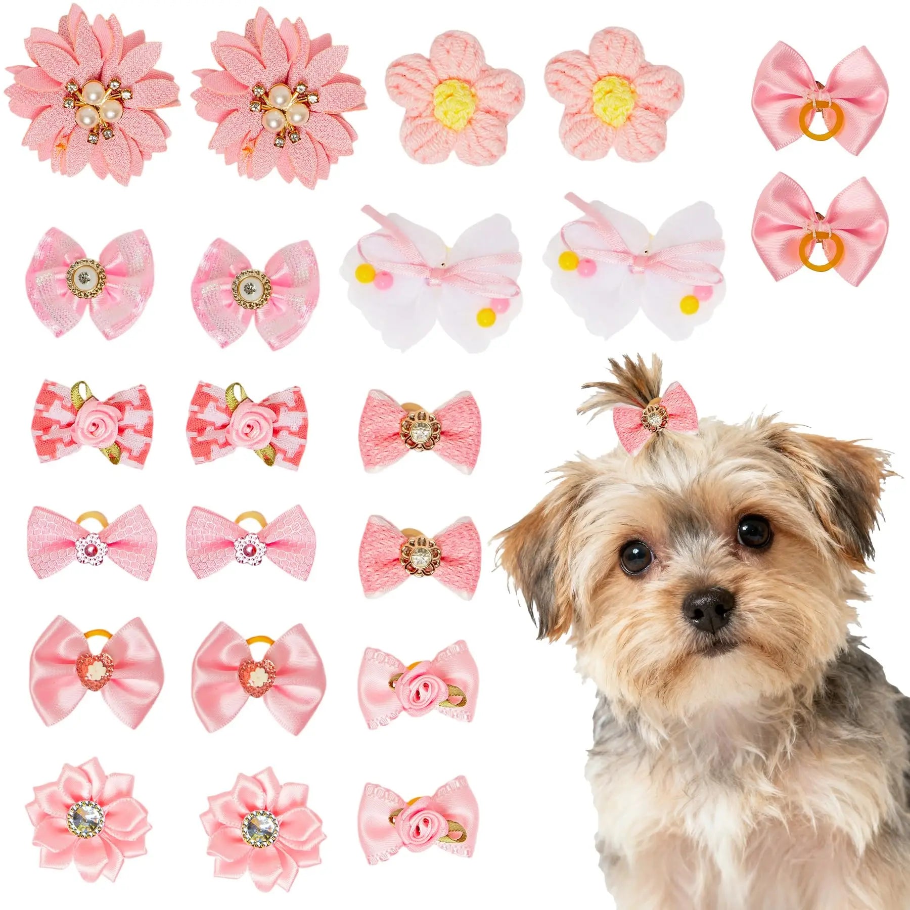 Pink Small Puppy Dog Hair Bows Set with Rubber Bands Flower Ball Bowknot Rhinestone Pearls Hair Ties Mix Style Hair Accessories