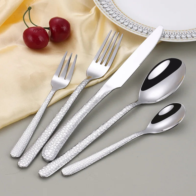 Stainless Steel Silverware Cutlery Set Wedding Hammered Cutlery 5 Pcs Set Restaurant Knife Fork Spoon Dessert Spoon