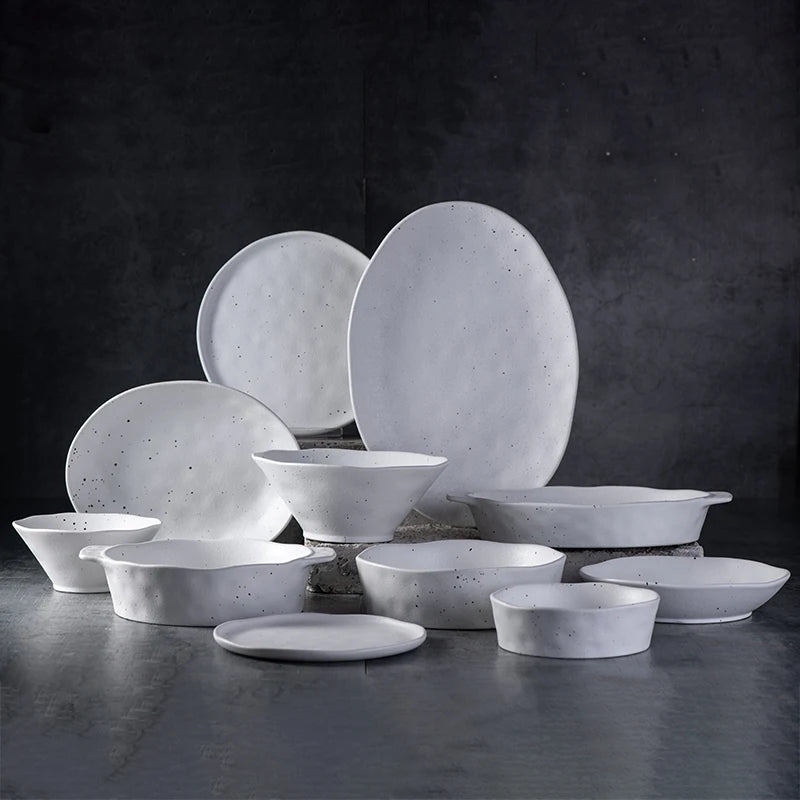 Amazons Sell Well Nordic Stoneware Round White Speckled Kitchen Ceramic Porcelain Dinner Set with Plates Bowls Dinnerware Set