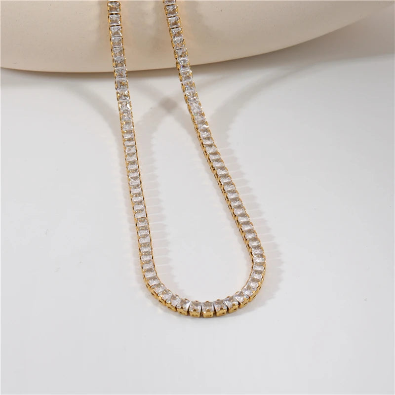 Fenny 18K Gold Plated Wholesale No Fade Permanent Luxury Fashion Tennis CZ Crystal Pave Chain Stainless Steel Necklace