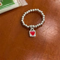 Fine Jewelry 925 Sterling Silver Adjustable Ring Red Enamel Heart Charm Beaded Ring