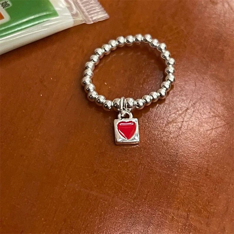 Fine Jewelry 925 Sterling Silver Adjustable Ring Red Enamel Heart Charm Beaded Ring