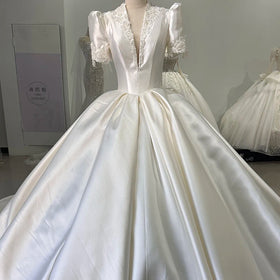 Satin White Wedding Dresses Sequined Beading V Neck Lace Vintage Beach Party Woman Engagement Bridal Gowns Xs014