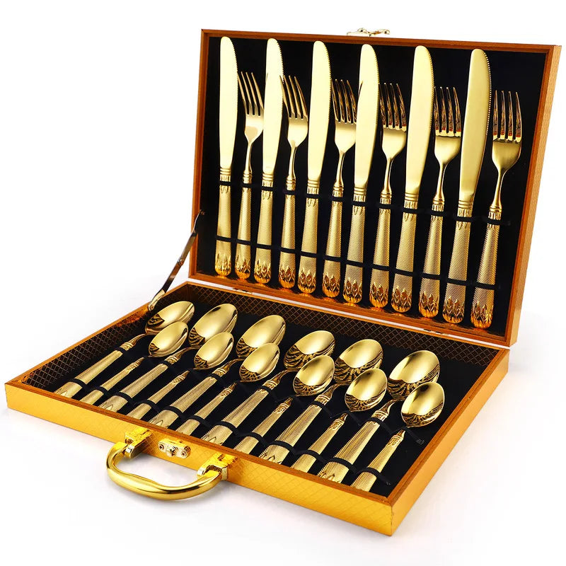 Cutlery Set Stainless Steel24pcs Retro Embossed Tableware Spoon and Fork Set StainlessSilverware Set with Box  Cutlery