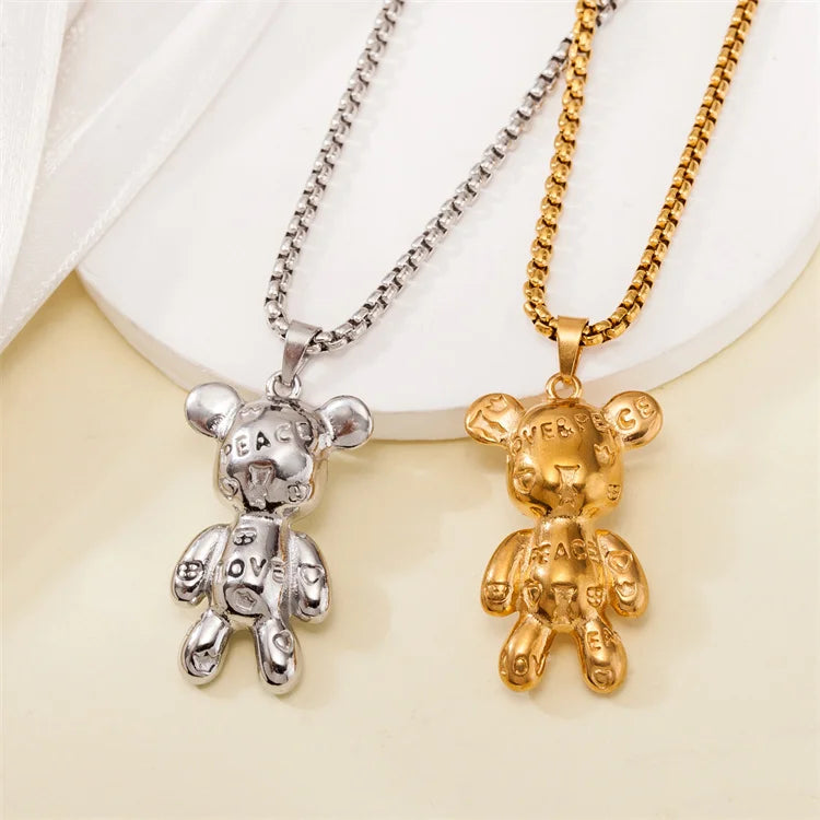 Wholesale No Fade Stainless Steel Japanese Korean Personalized Hip-Hop Cartoon Teddy Bear Pendant Necklace Jewelry