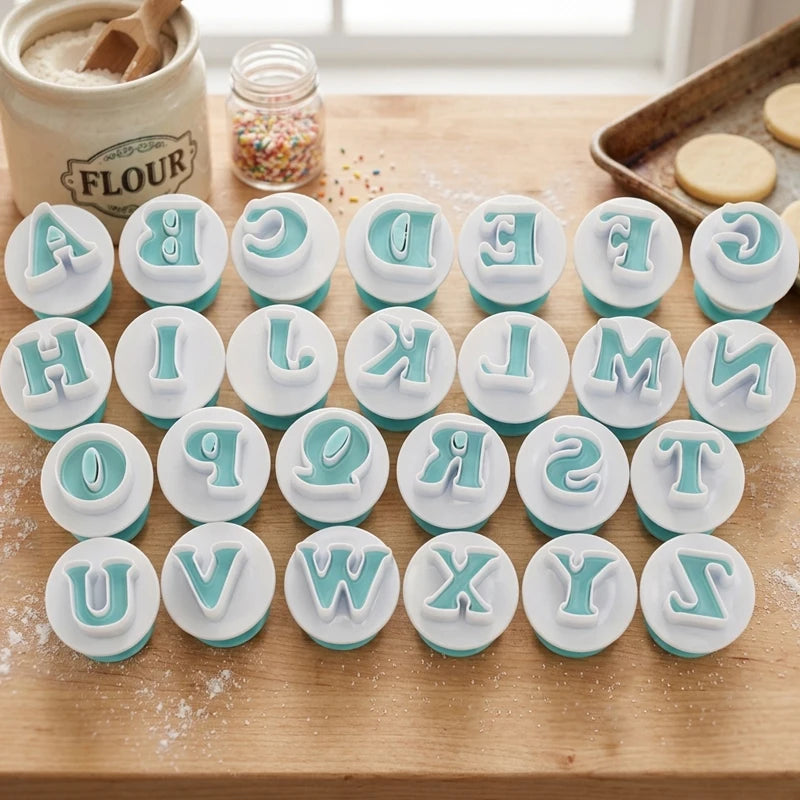 26pcs Alphabet Cookie Cutter Set - Food Grade Letter Plunger Stampers for Cake Decorating Fondant & DIY Crafting