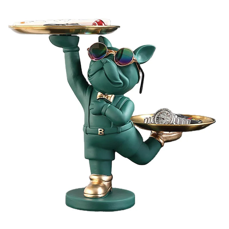 2026 Dancing Bulldog Nordic Resin Lying Dog Sculpture with Glass With  Double Fruit Plate Modern Room Animal Crafts Ornament
