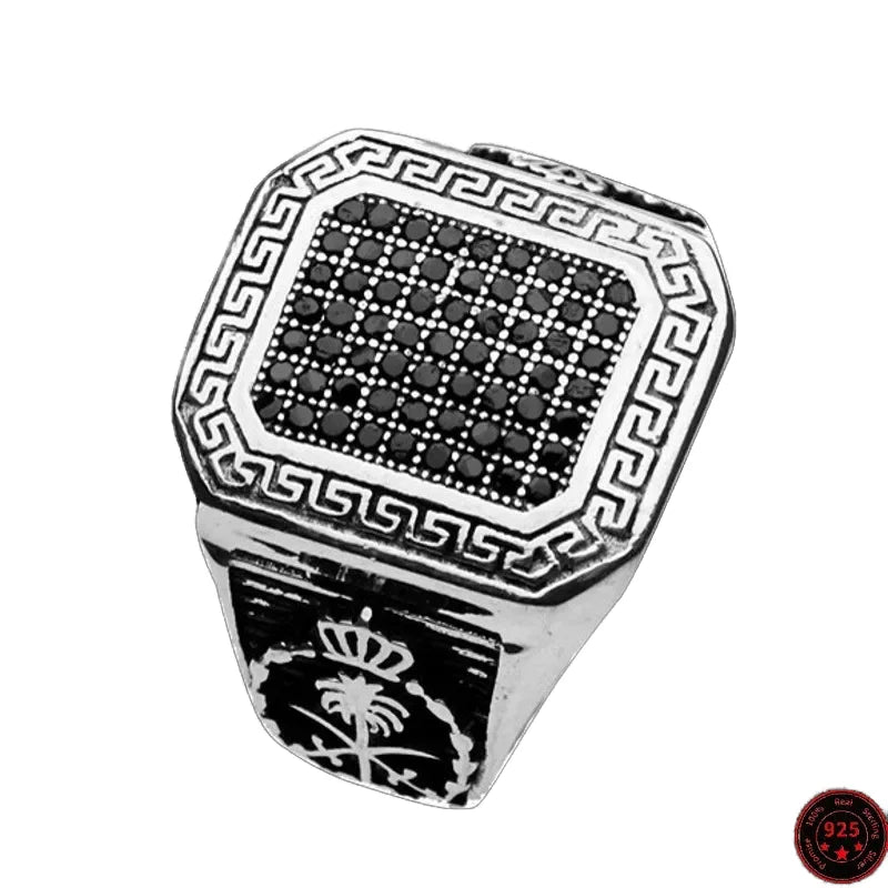 BOCAI S925 Sterling Silver Retro Personality Charm Rings for Men Full Zircon Temperament Square Pearl Pure Argentum Gem Jewelry