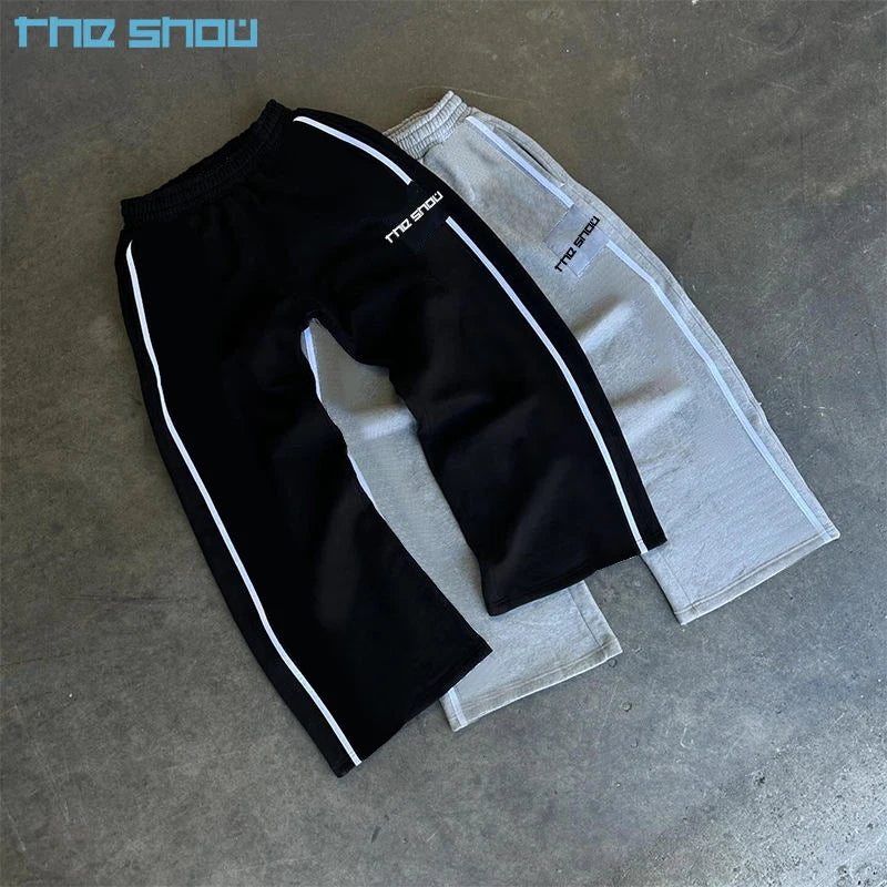 Casual Custom Logo Heavyweight Loose Jogger Drawstring Elastic Waist Baggy Stack Flared Striped Sweatpants Wide Leg Pants Men