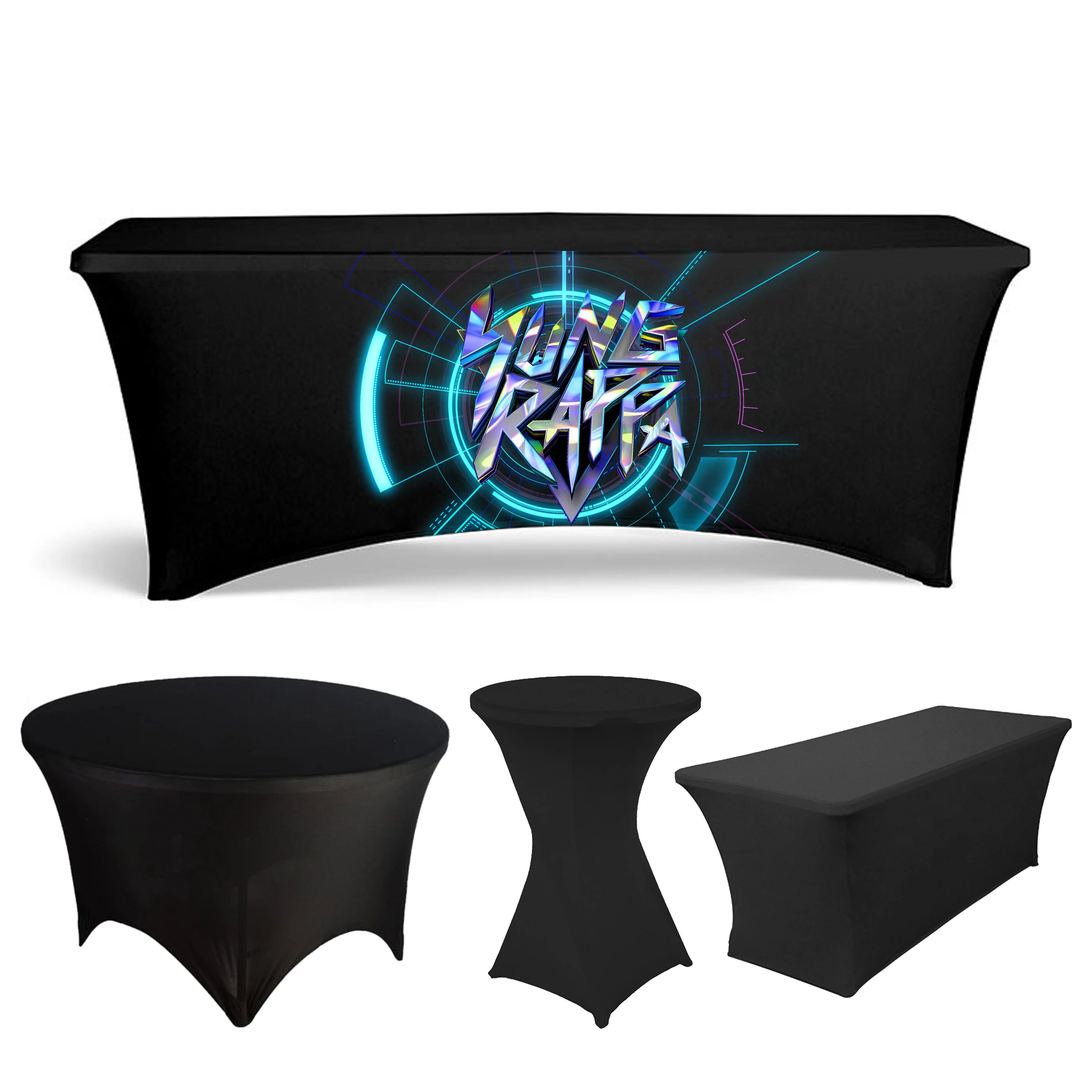 Custom Logo 6FT 8FT Waterproof Elastic Spandex Tablecloth Printed Stretch Fabric for Hotel Dining Room Wedding Decor Advertising