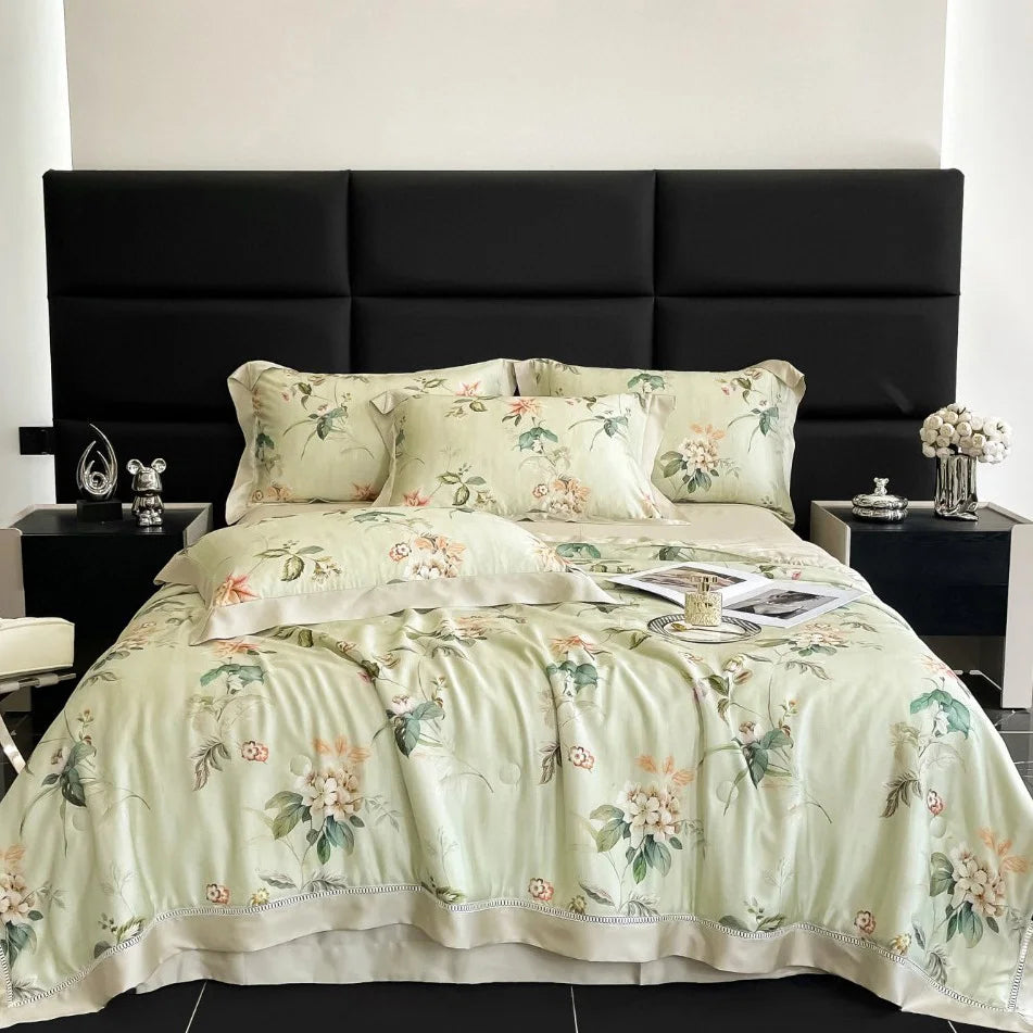 100% Lyocell Fiber Pastoral Printing Textiles Green Bed Sheet Customizable Patchwork Bedding Set Wholesaler