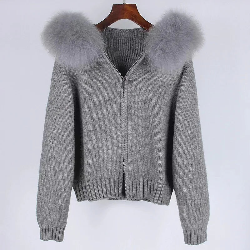 Ladies Slim2022 Fleece Winter Short Fox Fur Coat Warm  Puff Sleeve Jacket Knitted Real Fur Sweater Cardigan for Women