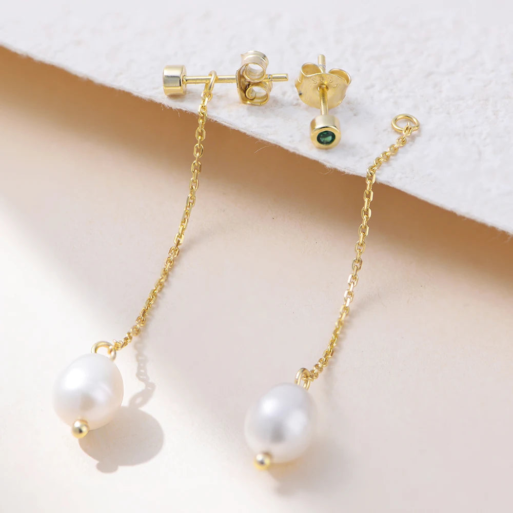 Wholesale 925 Sterling Silver Freshwater Pearl Earrings 14K Gold Plated with Long Tassel Chain Fashion Jewelry