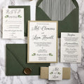 Custom Design Graphic Printing Green Wedding Invitation with RSVP Liner Envelope Gold Shimmery Glitter Belly Wax Seal