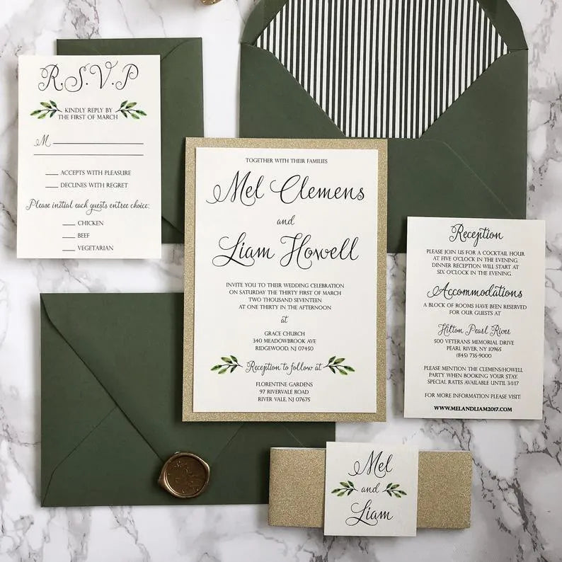 Custom Design Graphic Printing Green Wedding Invitation with RSVP Liner Envelope Gold Shimmery Glitter Belly Wax Seal