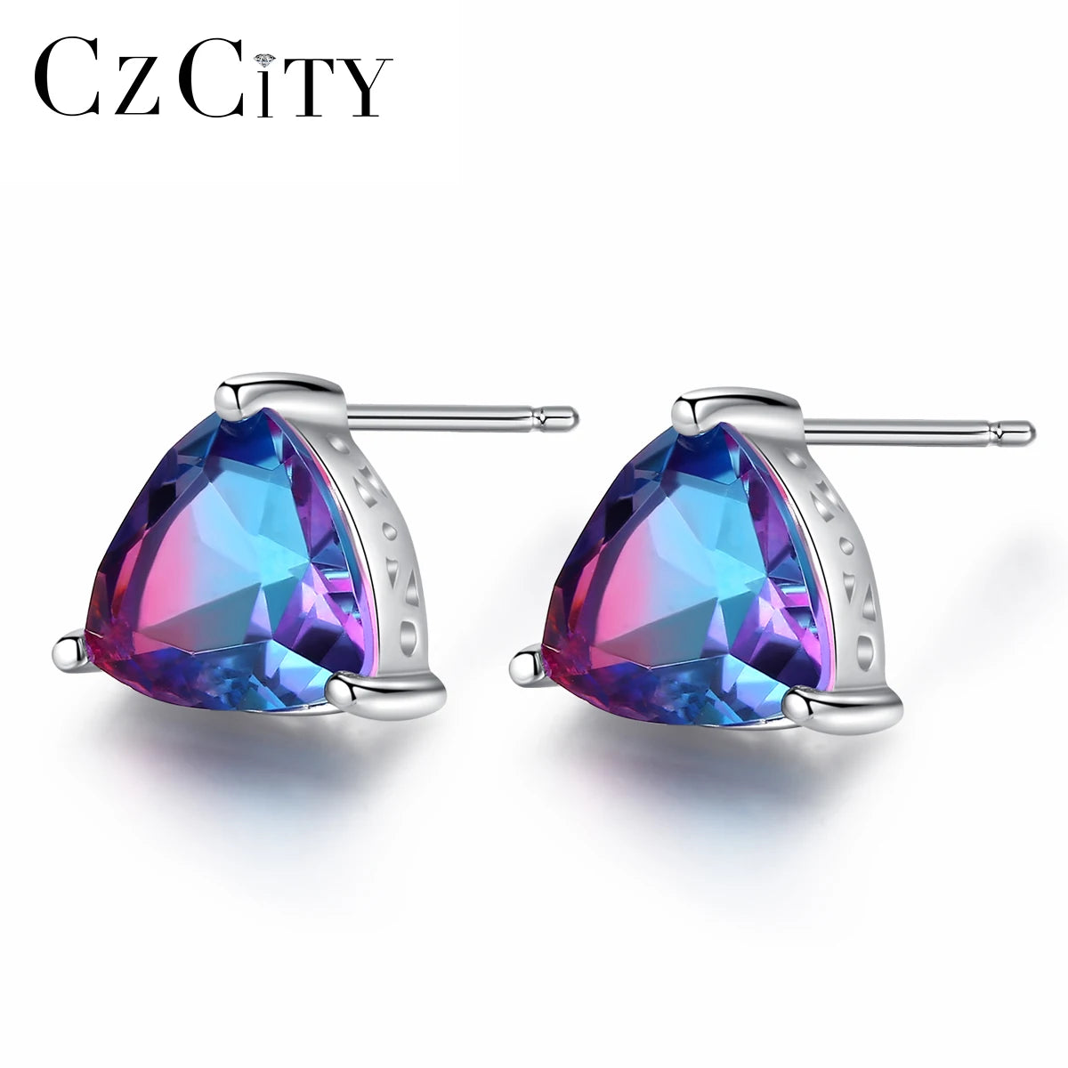 CZCITY Triangle Genuine Rainbow Fire Mystic Topaz Real 925 Sterling Silver Women Stud Earrings
