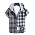 Streetwear Hip Hop Patchwork Plaid Shirts for Men Summer Short Sleeve Mens Oversize Hooded Shirt Top